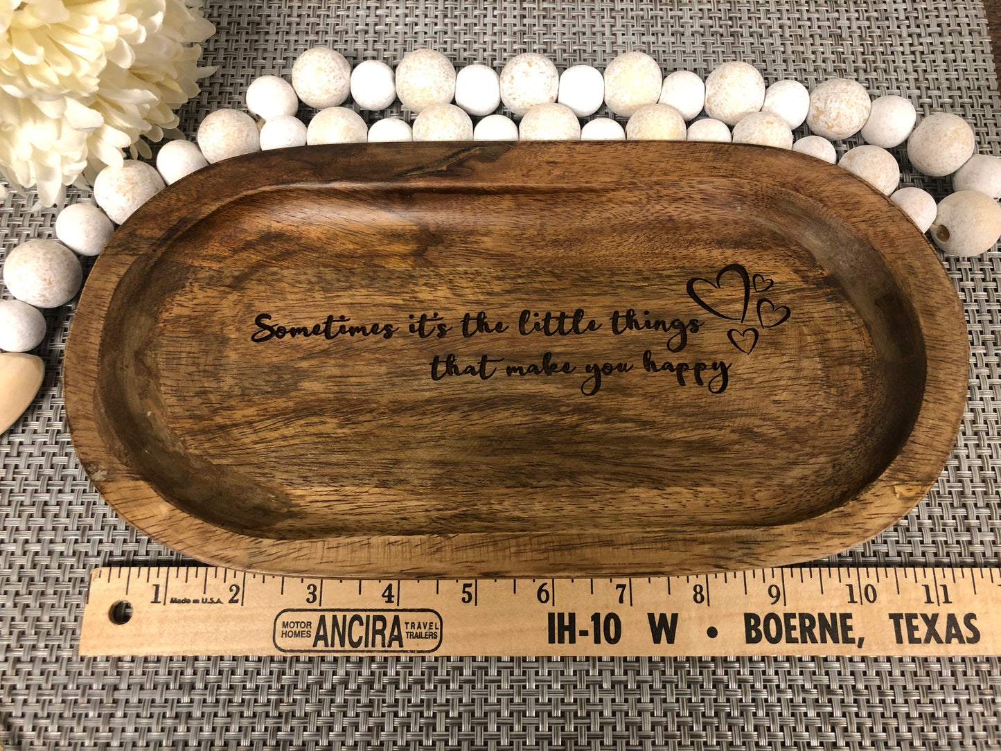 Oval Acacia Wood Tray Laser Engraved Gift "Sometimes it's the little things that make you happy"