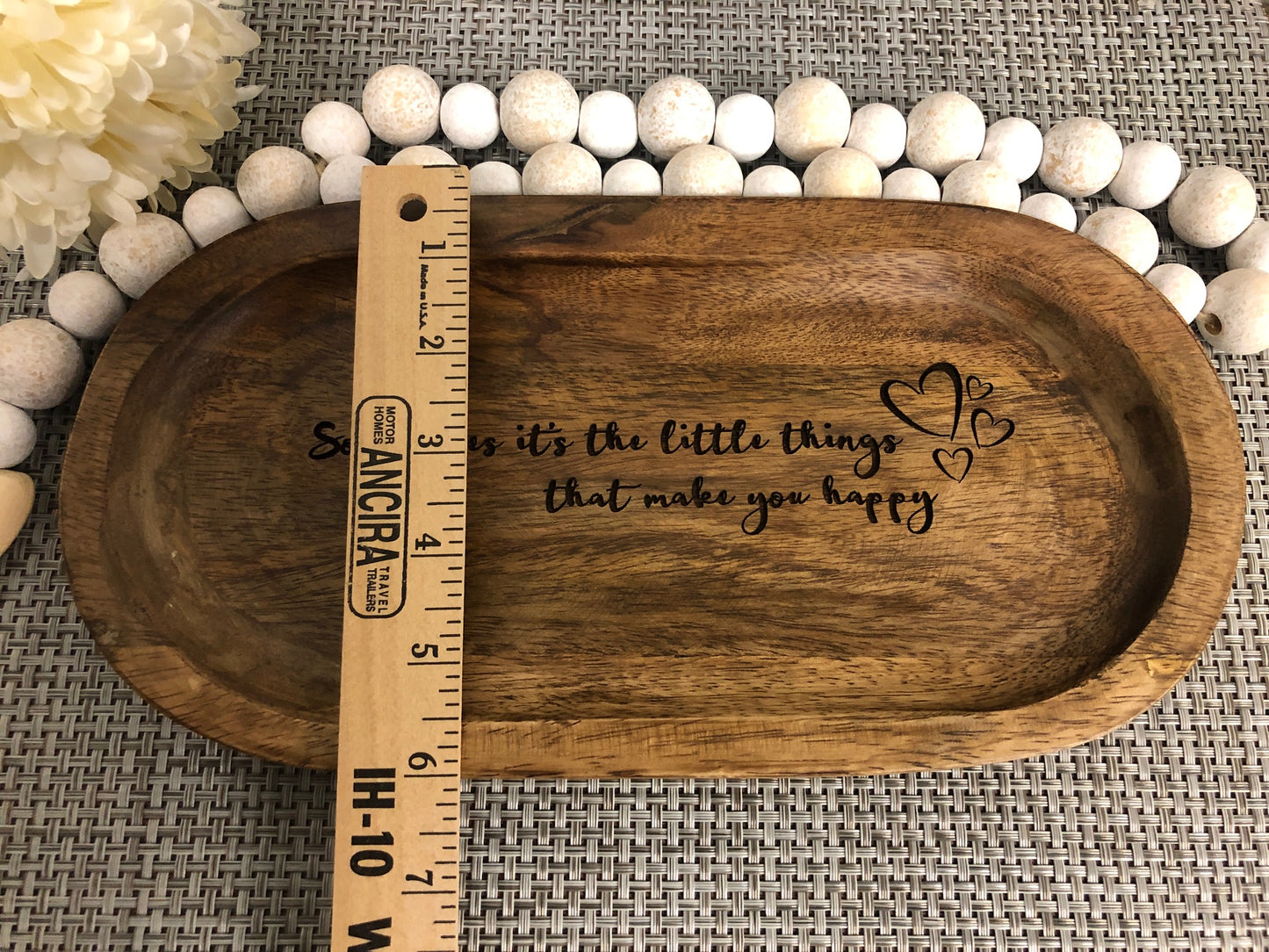 Oval Acacia Wood Tray Laser Engraved Gift "Sometimes it's the little things that make you happy"