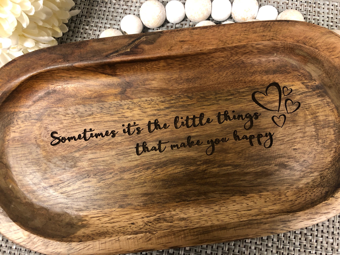 Oval Acacia Wood Tray Laser Engraved Gift "Sometimes it's the little things that make you happy"